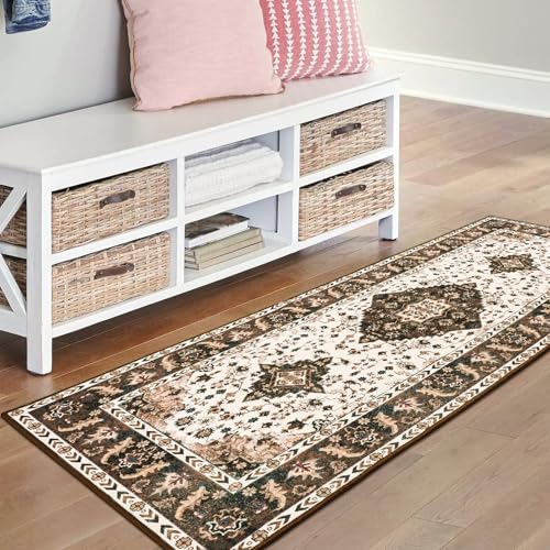 Amearea Vintage Design Runner Rugs for Living Room, 2x6 Machine Washable Floral Collection Traditional Bedroom Rug, Low Pile Cute Kids Room Print Carpet, No Slip Office Kitchen Home Decor, Brown - color: Brown, size: 2' X 6' (Runner)
