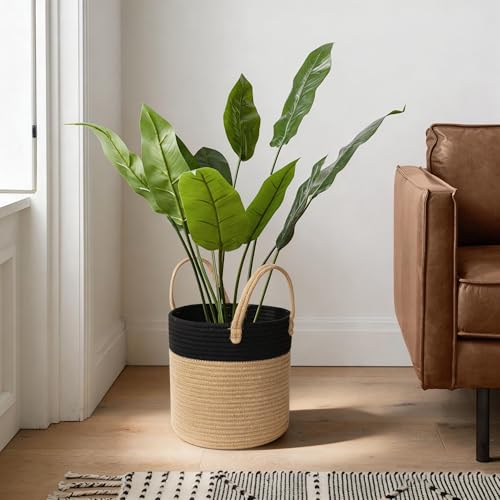 Woven Basket for Plant, 11"x11" Planter Basket for 10" Pot, Indoor Boho Artificial Tree Planter, Small Round Flower Pot Cover, Rattan Holder with Handle for Plants, Jute Spliced Cotton Rope - color: Black and Beige