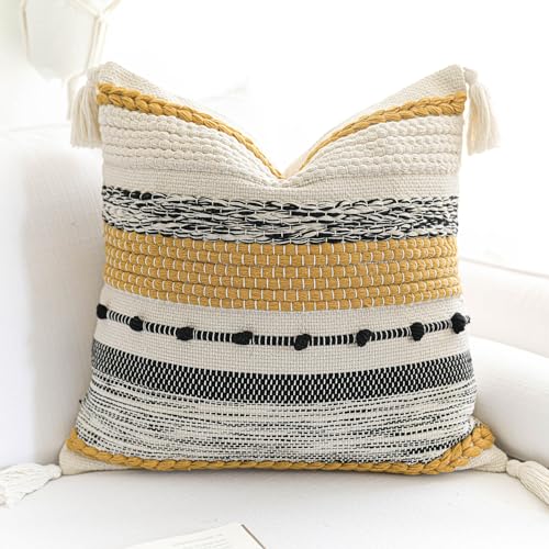 BlissBlush Boho Decorative Throw Pillow Cover 22x22 Square Yellow Mustard Accent Pillowcase Tassels Farmhouse Cushion for Couch Sofa Bedroom Living Room Home Décor Cover ONLY (Pack of 1) - color: Mustard, size: 22" x 22" (Pack of 1)