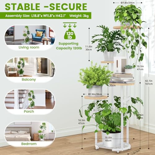 TOSKING 5-Tier Thickened Metal Plant Stand, Anti-Tip Round Base for Pots, Child & Pet Friendly, Corner Shelf Flower Pot for Multiple Plants, Indoor Outdoor Use for Living Room Balcony Patio Garden (White and Wood, 42in) - color: White and Wood, size: 5tie