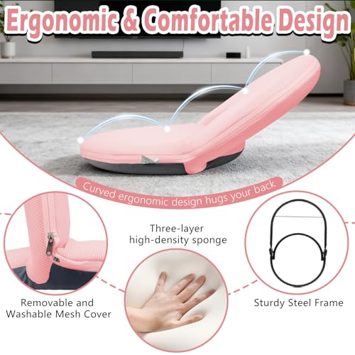 Floor Chair Floor Cushion Folding Padded Gaming Chair Adjustable 5-Position Floor Seat with Back Support for Kids Adult Great for Gaming Reading Meditating - color: Pink