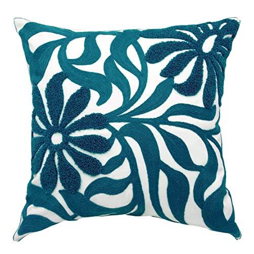 Alysheer Farmhouse Floral Leaves Embroidered Decorative Throw Pillow Cover 18x18 inches, Boho Tufted Flowers Embroidery Pattern Chic Cotton Cushion Case for Couch Bed Sofa Living Room(Teal Blue) - color: Teal Floral, size: 18" x 18" (Pack of 1)