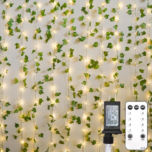 suddus 200 LED Vine with Light Plug in, 6.5ft x 6.5ft Ivy Fairy Curtain Lights with Remote, Leaf Fairy Lights for Wall,Bedroom, Dorm, Wedding, Party, Indoor Decor(Warm White) - color: Ivy, size: Plug In-200led