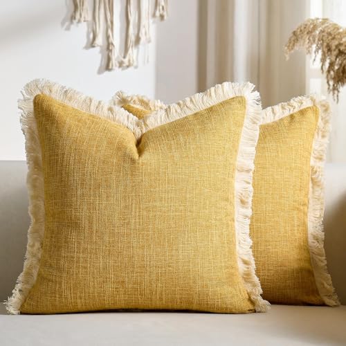 Throw Pillow Covers 16x16 Mustard Yellow Faux Linen Decorative Boho Farmhouse Pillowcases with Tassels Rustic Woven Textured Burlap Cushion Cases for Sofa Bed Living Room Home Decor Set of 2 - color: Mustard Yellow, size: 16" x 16" (Pack of 2)