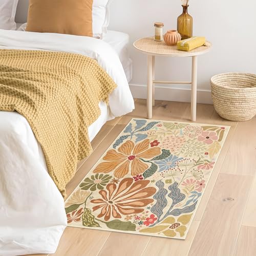 MUJOO 2x3 Washable Rug Floral Small Area Rugs for Entryway Kitchen Bathroom,Non Slip Throw Carpet for Bedroom Entrance Door Mat Boho Modern Abstract Botanical Flower Beige - color: Beige, size: 2' x 3' (Rectangular)
