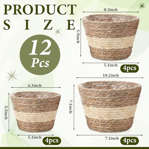 AceOrbit 12 Pcs Wicker Plant Basket Bulk with Liners Woven Planter Baskets Bulk for Indoor Outdoor Seagrass Plants Woven Wicker Baskets for Flower Pots Cover and Room Decor (Mixed Size,Bohemian) - color: Bohemian, size: Mixed Size