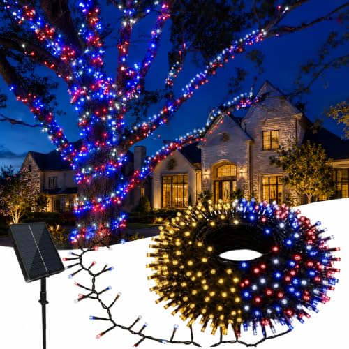 200LED Red White and Blue Lights, 20ft 4th of July Decorations Patriotic Lights Outdoor with 11 Modes 2 Festival Color, Solar String Lights Waterproof for Independence Day Christmas Decor, RWB & Warm - color: Red White Blue & Warm White, size: 200LED*1pc-