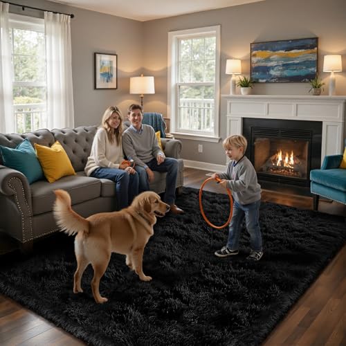 Fluffy Rug Shag Area Rug, Black 2x4 Area Rugs for Bedroom, Small Bedside Rug, Soft Fluffy Shag Entryway Throw Rugs for Living Room Bedroom Room Home Decor - color: Black, size: 2' x 4' (Rectangular)