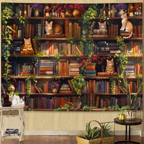 Accnicc Plant Cat Bookshelf Tapestry Botanical Floral Flower Cats Book Tapestries Wall Hanging Vintage Library Small Tapestry for Bedroom Living Room Dorm 60 x 44 inch - color: Green Brown, size: 60"L x 44"W