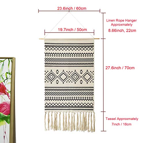 Macrame Woven Wall Tapestry Hanging Art, 20x34 H Large Boho Chic Bohemian Morocco Black White Folk-Custom Geometric Tapestries Decor for Apartment Dorm Kids Living Room Bedroom Door Entrance