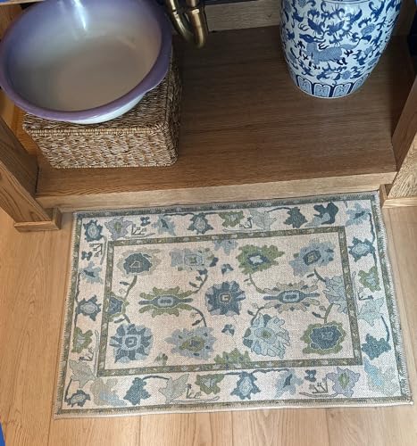 Fame Living Green Oushak Rug, Modern Small Rugs, Vintage, Turkish, Eclectic, Floral, Pastel, Washable, Door Mat, Doormat for Indoor Entrance, Entryway, Kitchen, Bathroom, Bedroom, Laundry, 2'x3' - color: Cream Green, size: 2' x 3' (Rectangular)