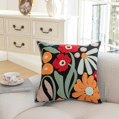 YIcabinet Pack of 2 Throw Pillow Covers,Colorful Flowers Embroidered Pillow Case Soft Decorative Pillowcases for Home Sofa Couch 18x18 Inch - color: Black16