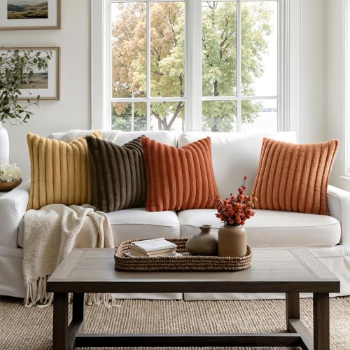 MIULEE Faux Fur Plush Decorative Throw Pillow Covers 18x18 Set of 4, Boho Farmhouse Soft Fuzzy Striped Cushion Covers for Sofa Couch Bed Living Room Vintage Home Decor,Rust Orange - color: Rust Orange, size: 18" x 18" (Pack of 4)
