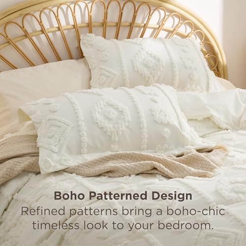 Bedsure Boho Tufted White Comforter Set Queen Size, GentleSoft™ 3 Pieces Boho Farmhouse-Style Decor Bedding, Exquisite Bedding for All Seasons, 1 Bed Comforter, 2 Pillow Shams, 90x90 Inches - color: 03 - Distressed Vintage White, size: Queen (90" x 90")
