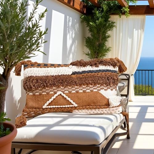 Decorative Throw Pillow Cover 12x20 Knitted Lumbar Pillow Tufted Accent with Tassels for Couch Bed Sofa Cotton Wool Woven Boho Handwoven Pillow (Neutral/Earth Tone) - color: Camel