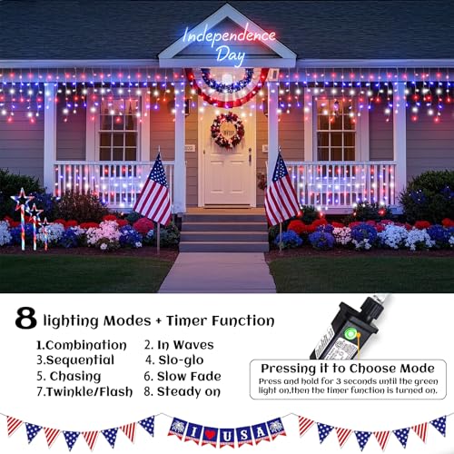 Red White and Blue Icicle Lights for Outside, 4th of July Decorations Independence Day Patriotic Lights, 33ft 400 LED with 75 Drops Clear Wire Connectable for Memorial Day Party Holiday - color: Red White Blue, size: 400LED/33ft