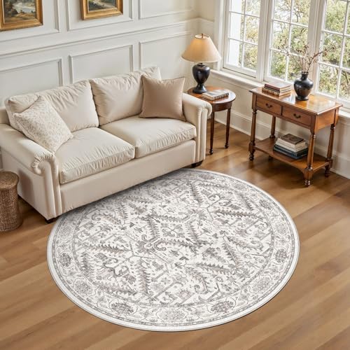 6ft Round Rug Living Room Area Rug - 6x6 Washable Circle Rugs Vintage Large Soft Non Slip Traditional Farmhouse Carpet for Bedroom Dining Room Office Indoor Floor Accent - White - color: White, size: 6' x 6'