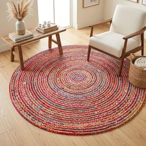 WeWove Hand Woven Area Rug 6 Feet Round - Jute Cotton Area Rug Rustic Farmhouse Boho Accent Rug for Living Room Bedroom Kitchen Dorm Entryway Hallway - Handcrafted Floor Rug - size: 6' (Round)