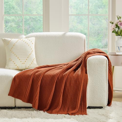 Chunky Knit Rust Orange Throw Blanket 50"x60" Soft Cozy Lightweight Knitted Blanket for Couch Sofa Bed,Cute Decorative Spring Throw for Living Room - color: Rust Orange, size: 50"x 60"