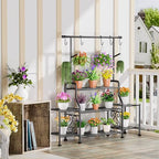 GIOTORENT 3-Tier Tall Metal Plant Stand Indoor Outdoor - Heavy Duty Plant Shelf for Garden, Patio, Balcony with 5 Hanging Hooks, Holds 16-25 Plants, Black - size: D-3Tier-Longer