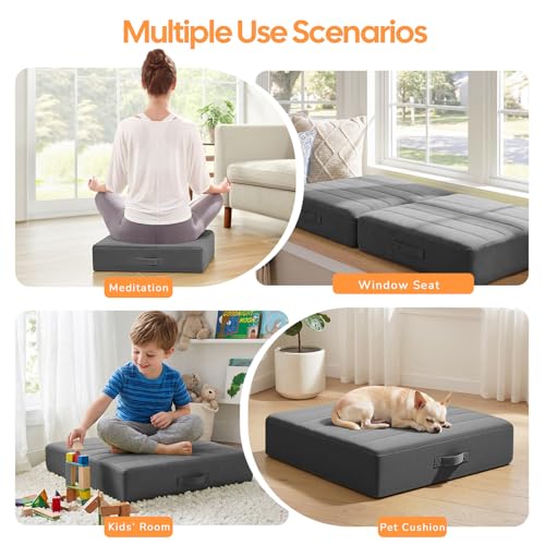 MeMoreCool Square Floor Pillows for Adults Kids, 2 Sets Large Meditation Cushion with 5" Thick Foam and Washable Tufted Cover, 22 Inch Grey Seat Floor Cushions for Sitting and Yoga - color: Dark Grey, size: 22 Inch