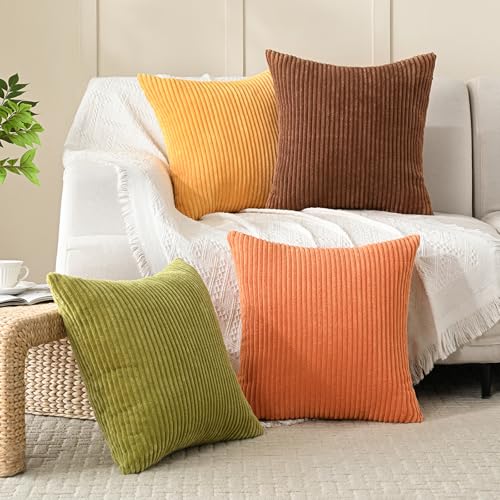 Volcanics Set of 4 Fall Orange Corduroy Decorative Throw Pillow Covers 18x18 Inch, Modern Yellow Green Gradient Couch Pillow Covers, Rustic Western Striped Cushion Covers for Bed Sofa Living Room - color: Yellow Orange, size: 18" x 18" (Pack of 4)