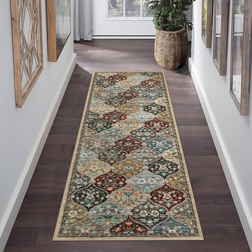 ROYHOME Runner Rug Moroccan Trellis Washable Hallway Runner, Stain Resistant Non-Slip Vintage Distressed Floral Entrance Carpet for Bedroom Laundry Kitchen Entryway, Red/Brown, 2' x 6' - color: Red/Brown, size: 2' x 6' (Rectangular)