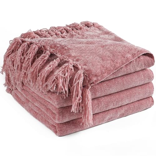 Chenille Throw Blanket for Couch 50"X 60", Soft Cozy Throws with Fringe Tassel for Bed Sofa Chair Cover, Lightweight Knitted Decorative Boho Blankets for Living Room, Mauve - color: Mauve, size: 50x60 inch