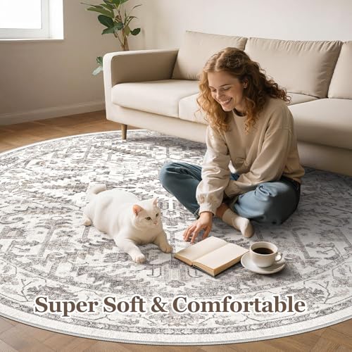 6ft Round Rug Living Room Area Rug - 6x6 Washable Circle Rugs Vintage Large Soft Non Slip Traditional Farmhouse Carpet for Bedroom Dining Room Office Indoor Floor Accent - White - color: White, size: 6' x 6'