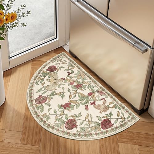 jinchan Eden Botanical Vintage Washable Small Area Rug, 2x3 Half Circle Floral Entryway Rug, Low Pile Soft Non Slip Doormat Dirt Trapping Carpet for Kitchen Bathroom Vanity, Red/Green - color: Eden Red/Green, size: 1'9" x 3' (Semicircular)