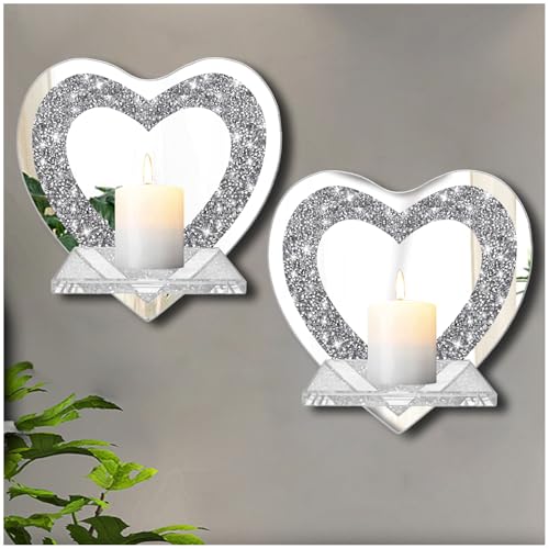 ZOLAPI Set of 2 Crystal Crush Diamond Candle Sconces, Gorgeous Silver Mirrored Wall Sconce, Candle Holder Glass Wall Decorations for Home Décor, Living Room, Dining Room.Heart Shaped - color: Silver Mirror Heart
