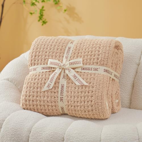 Snuggle Sac Waffle Throw Blanket for Couch Bed Sofa 50x60 inches, Reversible Beige Blanket Microfiber Fluffy Fuzzy Cozy Knit Soft Throws for Women Mothers Birthday Gifts - color: Waffle Beige, size: Throw(50"x60")