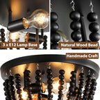 Bohemia Wood Beaded Chandelier, 3-Light Boho Light Fixture, 12.6inch Black Boho Chandelier Flush Mount Ceiling Light Fixtures for Dining Room, Bedroom, Nursery, Girl Room, Hallway and Entryway - color: Black-12.6INCH