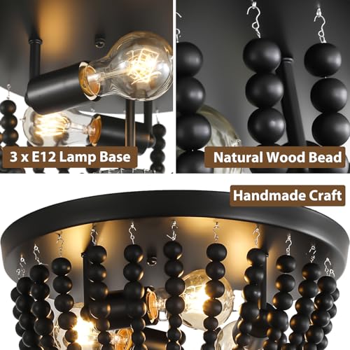 Bohemia Wood Beaded Chandelier, 3-Light Boho Light Fixture, 12.6inch Black Boho Chandelier Flush Mount Ceiling Light Fixtures for Dining Room, Bedroom, Nursery, Girl Room, Hallway and Entryway - color: Black-12.6INCH
