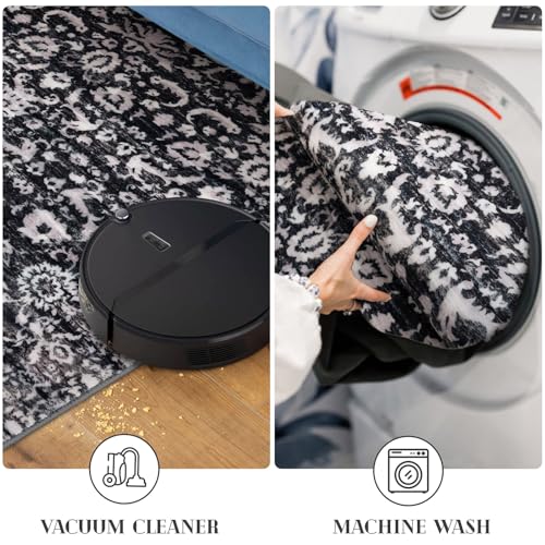 Lansny Vintage Entryway Rug 2x3 Washable, Black and White Kitchen Rug, Super Soft Thin Faux Wool Small Area Rug, Non-Slip Accent Mat for Foyer, Bedroom, Office - color: Black and White, size: 2' x 3' (Rectangular)