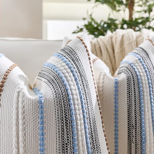 Boho Pillow Covers 18x18 Inch Blue White Brown Striped Farmhouse Decorative Accen Throw Pillow Covers Boho Cushion Case for Bed Sofa Couch Home Decor Set of 2 - color: Blue White Brown