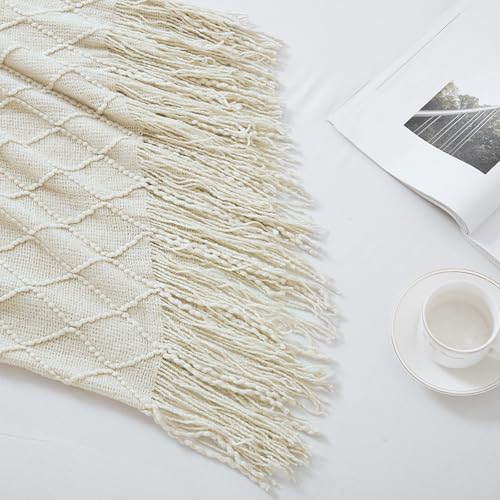 BOURINA Beige Throw Blanket 50x60 Inches Throw Textured Solid Soft Sofa Couch Decorative Knit Blanket - color: Beige, size: 50"x60"