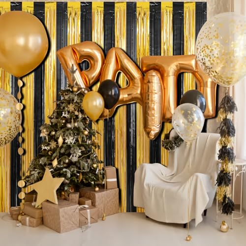 Crosize 2 Pack 3.3 x 9.9 ft Gold and Black Foil Fringe Curtains Party Decorations, Gold Tinsel Curtain Backdrop for Parties, Door Streamers, Glitter Streamer Fringe Backdrop for Birthday Decoration - color: Gold and Black, size: 2 Pack