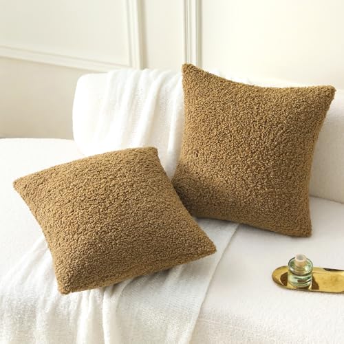 FUTEI Khaki Throw Pillow Covers 18x18 Inch Set of 2,Furry Faux Fur Teddy Boucle Textured Cushion Covers,Soft Fluffy Decorative Pillow Case,Home Decor for Couch Bed Living Room Office Car - color: Khaki, size: 18" x 18" (Pack of 2)