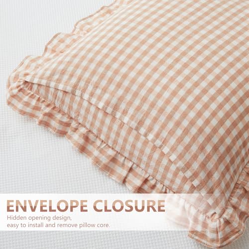 KKJIAF Ruffle Gingham Pillow Covers 18 x 18 Inches, Cotton Gingham Pillow Cases Set of 2, Linen Feel Ruffled Plaid Pillow Shams with Envelope Closure for Sofa Bed (Light Pink Plaid) - color: Light Pink Plaid, size: 18" x 18" (Pack of 2)