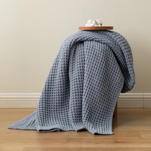Bunnikins & Clover Blue Grey Throw Blanket for Couch, Thick Warm Soft Cozy Knitted Chenille Throw Blanket for Sofa, Bed, Living Room, 60"x80" - color: Bluish Grey, size: 60"x80"