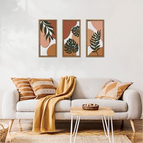 KAIRNE Boho Tropical Wooden Wall Art Set,Botanical Palm Leaf Wood Decor,Farmhouse Geometric Hanging Decor Set of 3(8X16),Framed Minimalist Nature Bohemian Wood Art For Living Room Bedroom Office Decoration, - color: Abstract Botanical Wooden Wall Art, siz