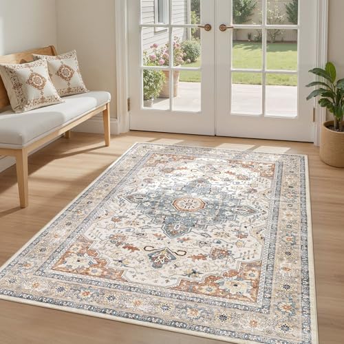 4x6 Area Rugs Washable Rug: Boho Large Neutral Vintage Soft Rug Stain Resistant Distressed Farmhouse Non-Slip Indoor Floor Carpet for Bedroom Entryway Nursery Kids Office Dining Room- Beige Blue - color: Beige Blue, size: 4' x 6' (Rectangular)