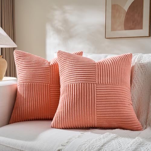 Fancy Homi 2 Packs Coral Samll Decorative Throw Pillow Covers 12x12 Inch with for Couch Bed Sofa, Rustic Farmhouse Boho Home Decor, Soft Corss Patchwork Corduroy Square Peach Cushion Case 30x30 cm - color: Coral, size: 12" x 12" (Pack of 2)