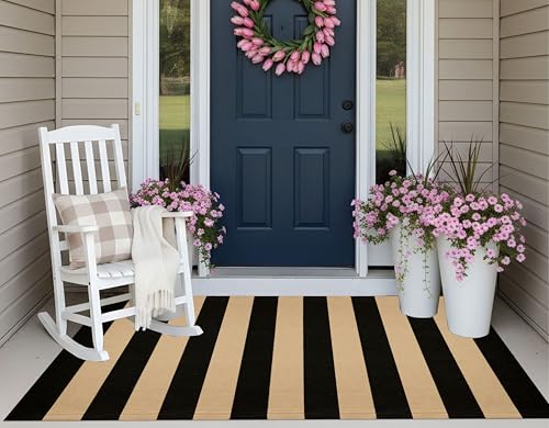 3'x5' Outdoor Rug, Black and Tan Washable Striped Porch Rug Cotton Woven Farmhouse Front Door Mats for Porch/Entryway/Home Entrance Decor/Bedroom/Laundry Room/Patio/Front Door - color: Black Tan, size: 3' x 5' (Rectangular)