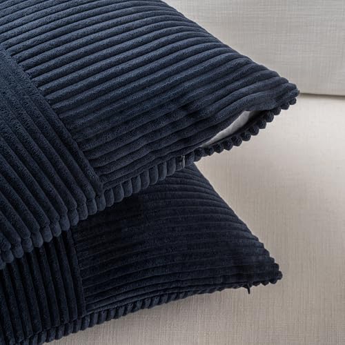 Fancy Homi 2 Packs Navy Blue Samll Decorative Throw Pillow Covers 12x12 Inch with for Couch Bed Sofa, Rustic Farmhouse Boho Home Decor, Soft Corss Patchwork Corduroy Square Cushion Case 30x30 cm - color: Navy Blue, size: 12" x 12" (Pack of 2)