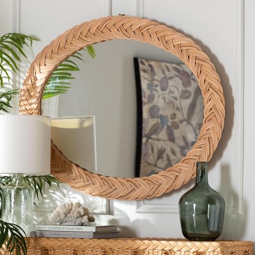 Bali & pari Nara Natural Rattan Wall Mirror – Handwoven Braided Wicker Frame, Coastal Boho Wall Decor for Entryway, Bedroom, or Living Room, Oval