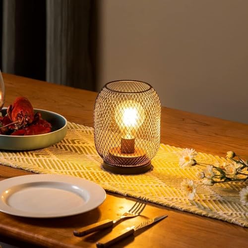 Set of 2 Battery Operated Lamp LED Table Lantern, Brown Metal Cage Cordless Lamps with LED Bulb，Vintage Decorative Outdoor Lantern for Weddings, Parties, Patio, Events for Indoors Shelf Decor - style: Bronze Oval / Timer