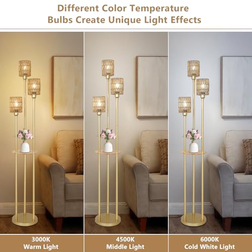 Boho Floor Lamp with Shelves, 3-Lights Farmhouse Tall Floor Lamp with ON/Off Foot Switch, Gold Modern Floor Lamps with Rattan Shades, Rustic Standing Lamp for Living Room, Bedroom, Office - style: Gold-Rattan Shade