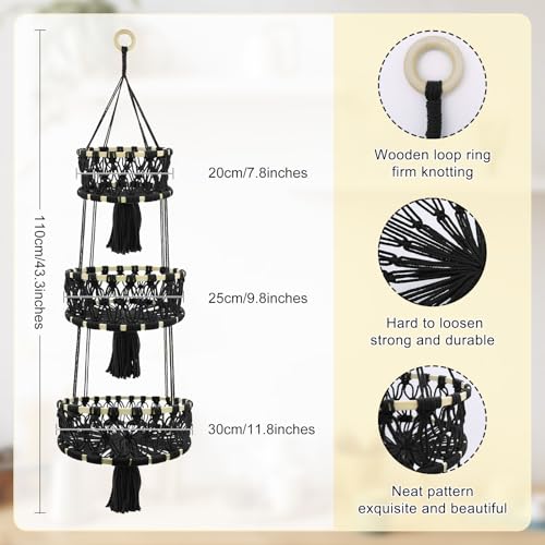 3-tier Hanging Fruit Baskets for Kitchen, Woven Cotton Rope Fruit Hammock, Macrame Hanger Holder for Fruit Vegetable Produce Storage & Organization, Boho Hanging Plant Holder for Indoor Outdoor - color: Black
